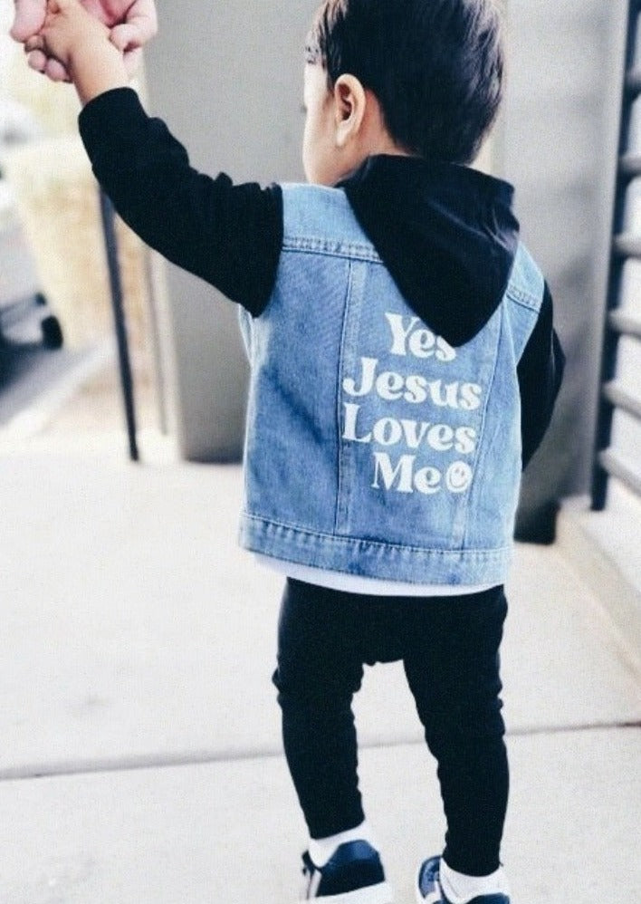 "Jesus Loves Me" Denim Hooded Shacket