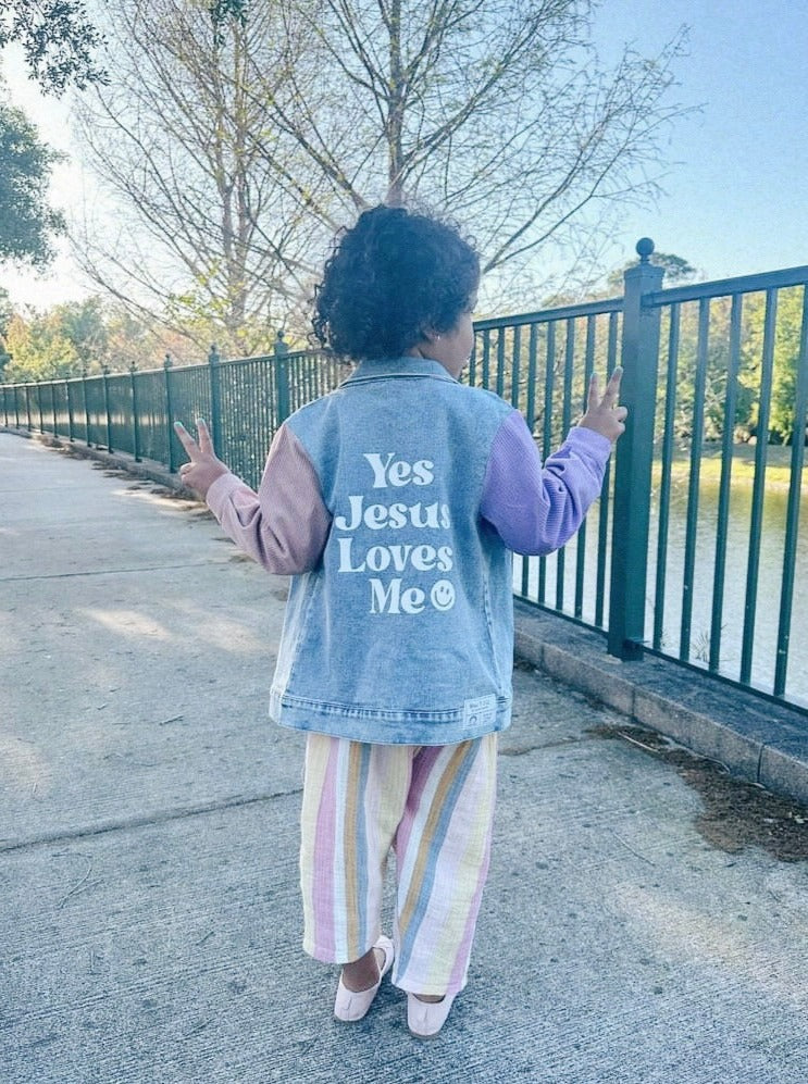 "Jesus Loves Me" Denim Shacket - Lilac/Pink