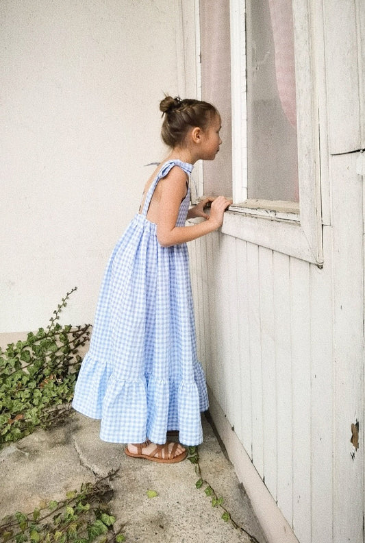 Tie-Shoulder Maxi Dress - Blue Gingham