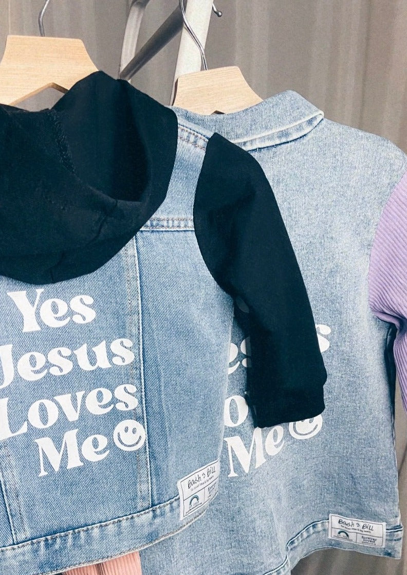 "Jesus Loves Me" Denim Hooded Shacket