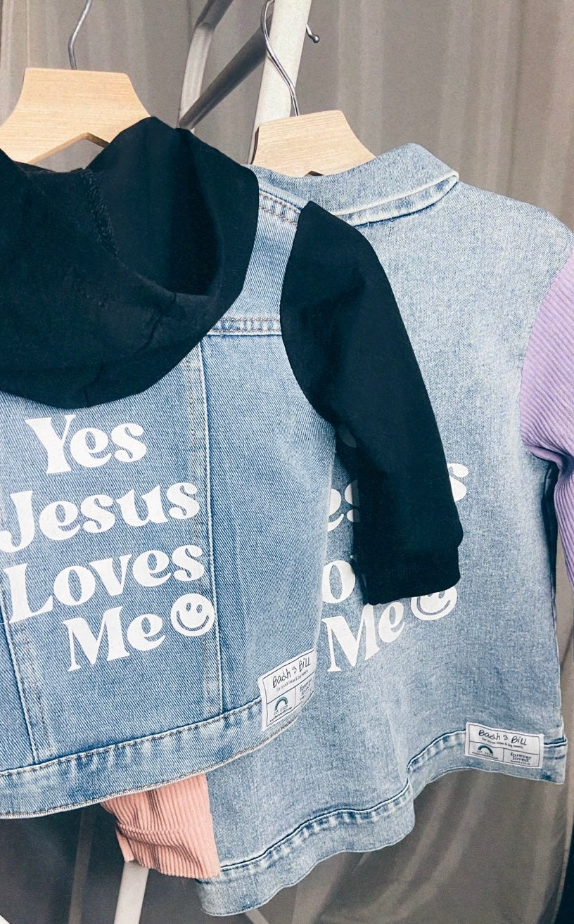 "Jesus Loves Me" Denim Shacket - Lilac/Pink